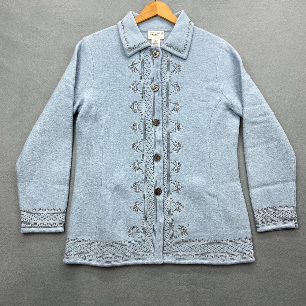 PENDLETON Womens Merino Wool Sweater Jacket Cardigan Button Front Blue Small